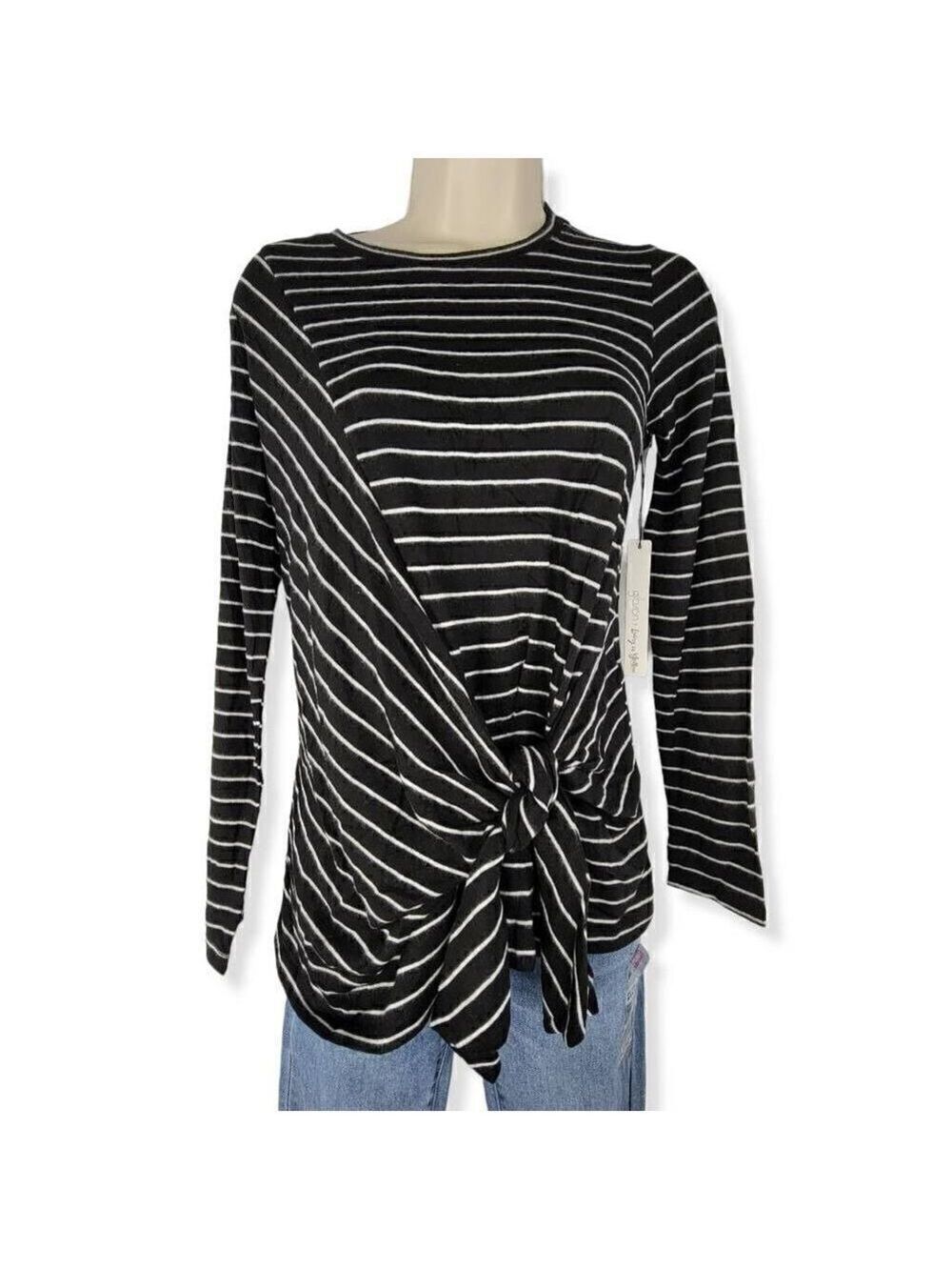 Gibson Striped Tie Front Fleece Sweater PXS